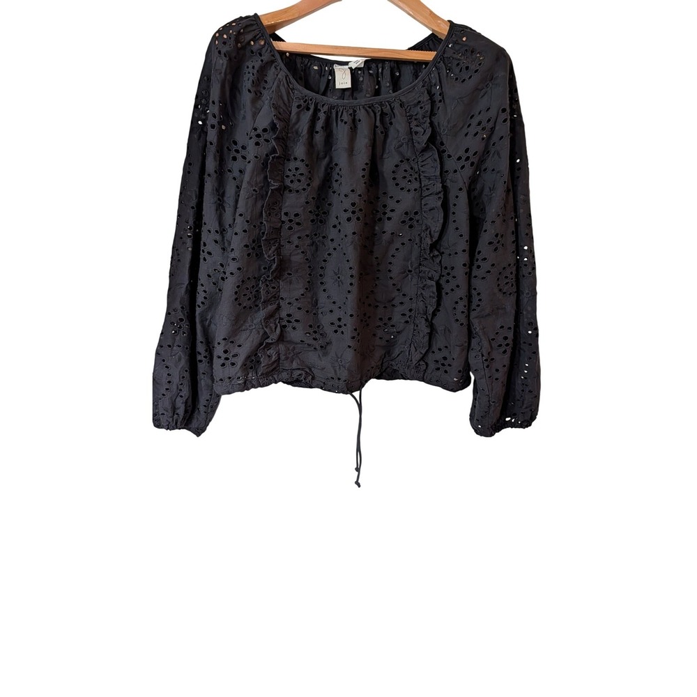 Joie Black Eyelet Cotton Ruffle Blouse Long Sleeve Drawstring Top Medium